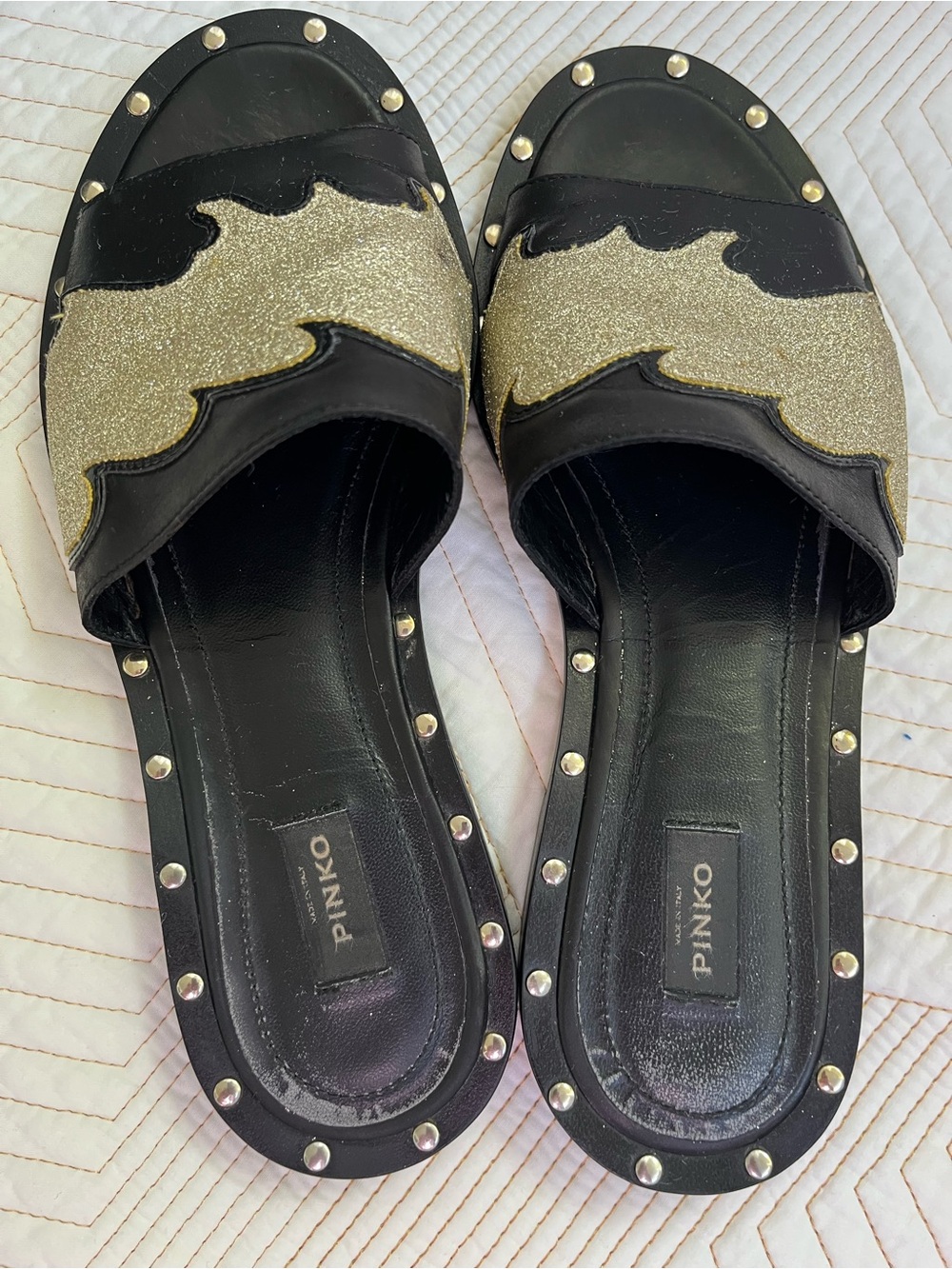 Anthropologie Pinko Black and Gold Glitter slippers